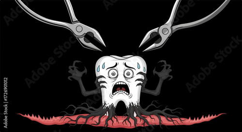 Vector illustration of a tooth in pain, represented by scary tooth being extracted with forceps, isolated on black. Vector illustration of a tooth expresses dental fear and root canal discomfort,