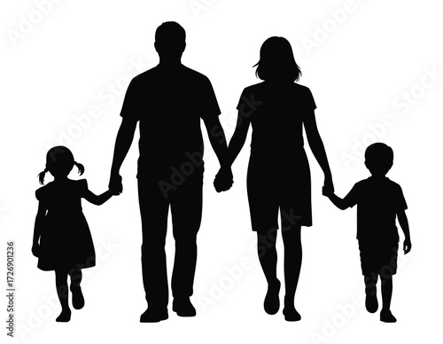 Silhouette of a happy family walking together holding hands with two children and two parents