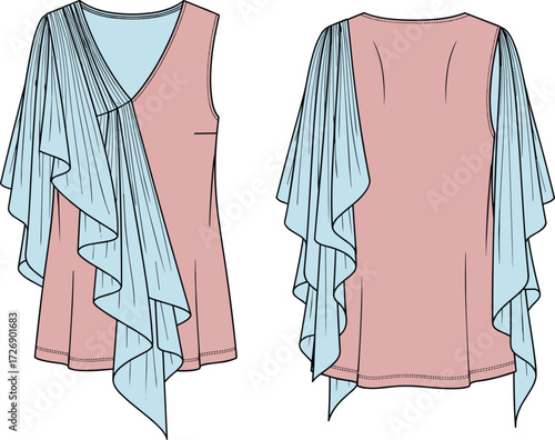 Elegant Sleeveless Blouse Technical Fashion Sketch Draped Ruffle Detail V-Neck Top Vector Drawing CAD Flat Front Back View Template Apparel