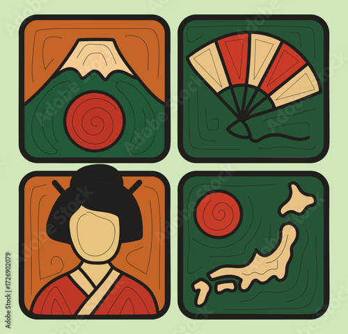stylized Japanese icons – fuji mountain, geisha figure, folding fan, and Japan map – ideal for travel content, educational materials, and editorial design