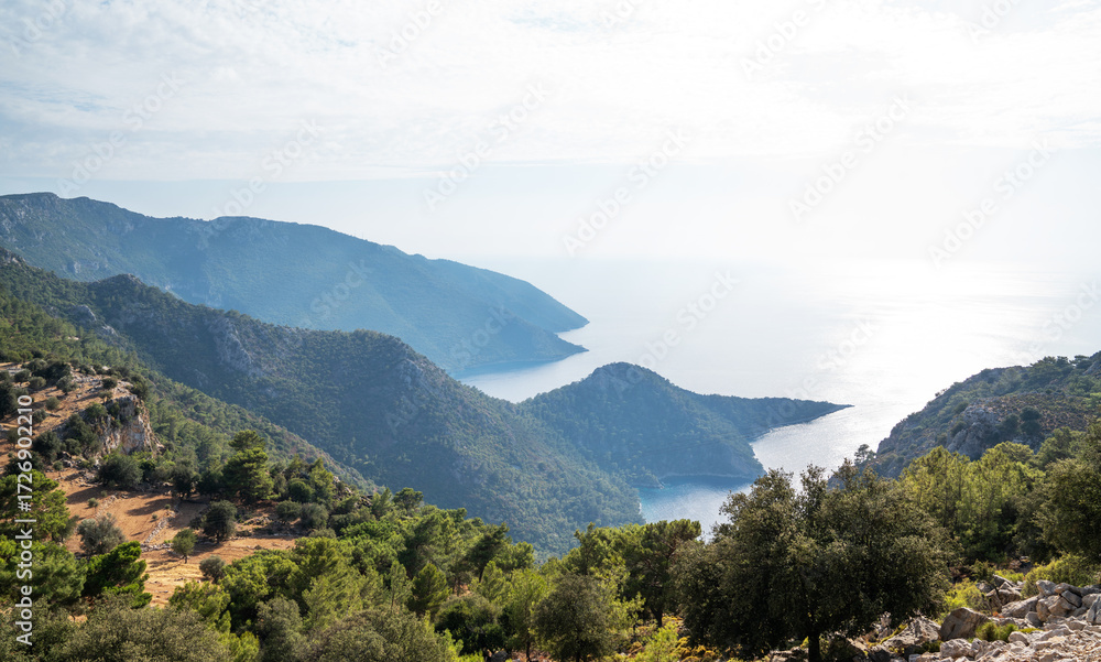 Fototapeta premium Breathtaking panoramic view of a serene Mediterranean coastline with lush greenery, overlooking a calm bay under the soft light of a summer afternoon. The rugged beauty of a mountainous region leading