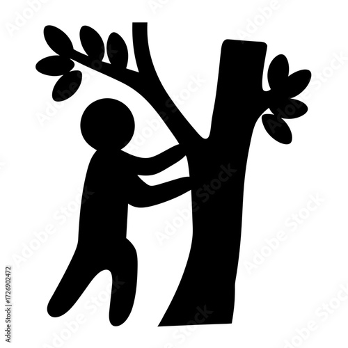 Person clinging to a tree branch in simple black and white illustration
