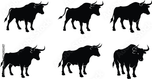 Bull silhouettes, walking poses, standing stances, horn variation, muscular anatomy, black design, livestock vector, animal set, nature icon
