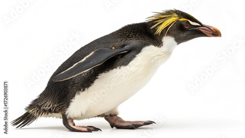 Macaroni Penguin with distinctive yellow crest and black-and-white plumage standing on a clean white studio background, sharp focus, and professional studio lighting