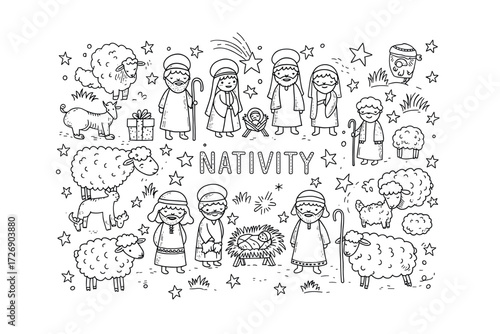 Nativity scene coloring activity christmas celebration digital festive environment creative viewpoint family fun. Vector illustration