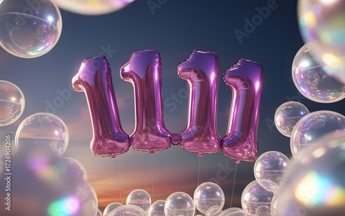 Purple number 1111 balloons floating amidst bubbles and sunset sky