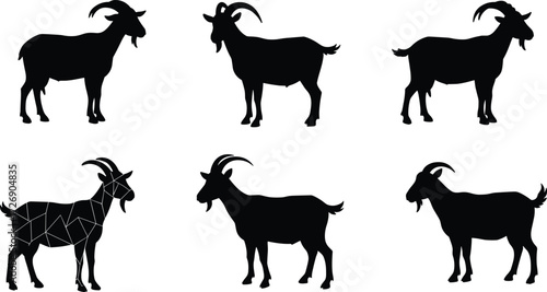 Goat silhouettes, posture variation, horn shapes, geometric pattern, black design, livestock vector, animal set, nature icon, stylized anatomy