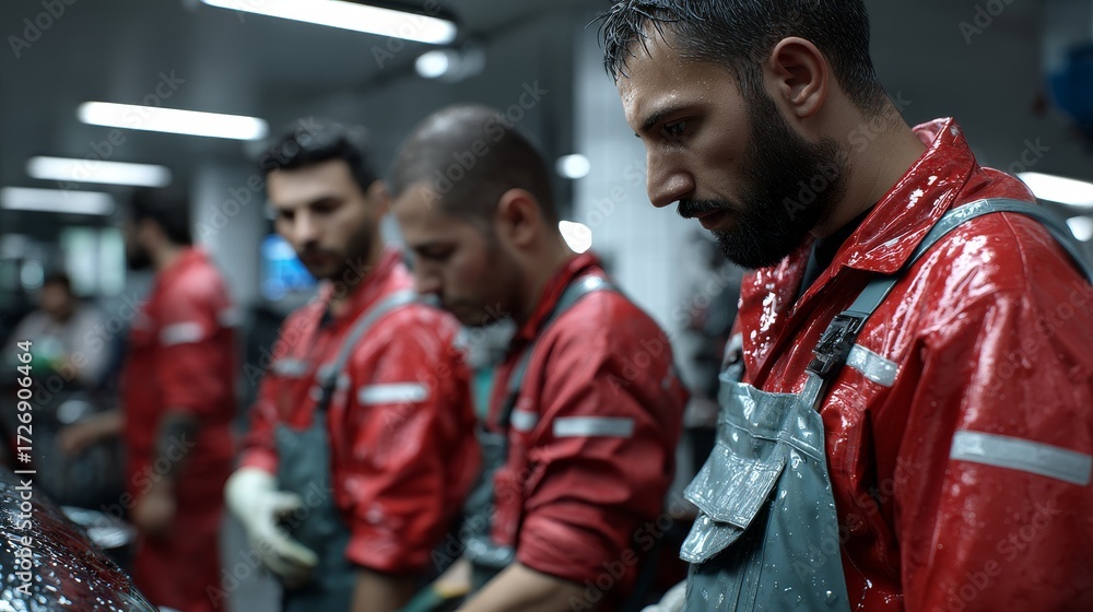 Obraz premium Tire technician testing tools in realistic workshop diverse mechanic crew industrial environment close-up view
