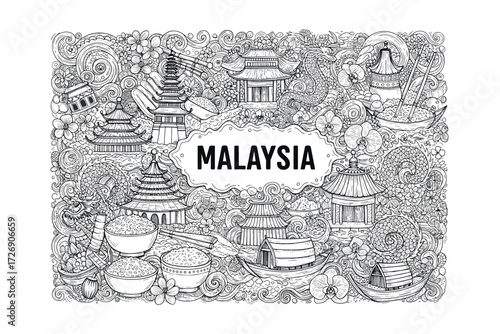 Cultural exploration of malaysia illustrative vibrant patterns traditional architecture creative viewpoint. Vector illustration