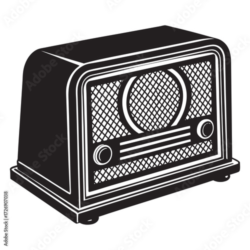 Vintage wooden floor standing tube radio with a classic mesh speaker grille illustration