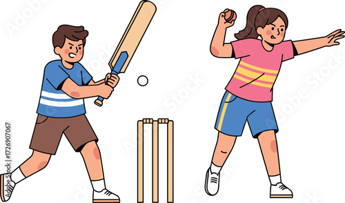 Children playing cricket outdoors, active kids enjoying sports, boy batting, girl bowling, fun summer park game, healthy outdoor activity, teamwork