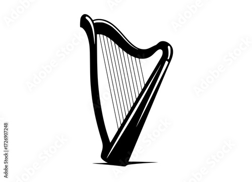 a black and white silhouette of a harpblack, icon, illustration, instrument, mouth organ, profile, string 