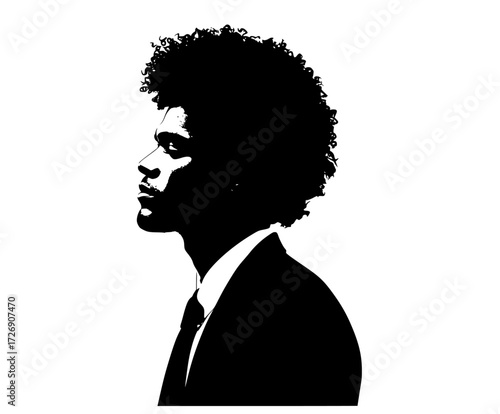 a silhouette of a man with curly hair, wearing a suitafro, black, business suit, hair, man, profile, stare, suit, tie, wear 