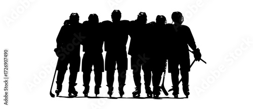 a group of silhouettes of hockey players standing in a huddlegun, individual, man, person, pole, pose, profile, rifle, ski, ski equipment, ski pole, skier, snowboarder, stand 