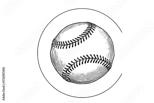 a black and white drawing of a baseball in a circleball, baseball, baseball glove, draw, drawing, illustration, plate, sketch, softball, sports ball 