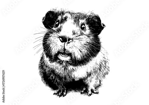 a black and white drawing of a guinea piganimal, drawing, guinea pig, hamster, illustration, pencil, pet, portrait, rodent 