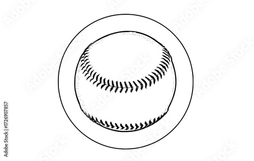 a black and white drawing of a baseball in a circleball, baseball, baseball bat, baseball glove, bat, black, draw, drawing, illustration, sketch, softball, sports ball, white 