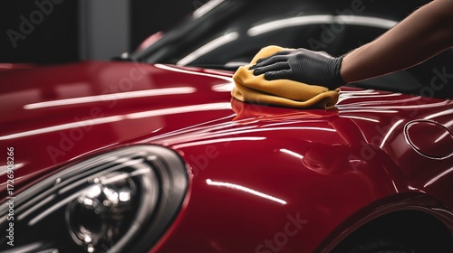 Worker polishing a red sports car in a modern detailing shop during evening hours