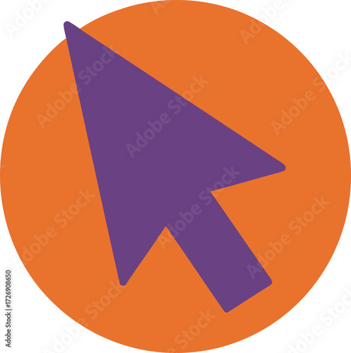 Flat Vector Illustration of Purple Cursor Arrow Icon on Orange Circle Background