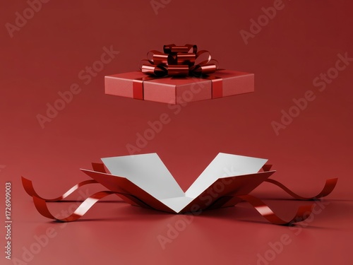 A red gift box with a ribbon opens in mid air revealing a surprise inside against a red background