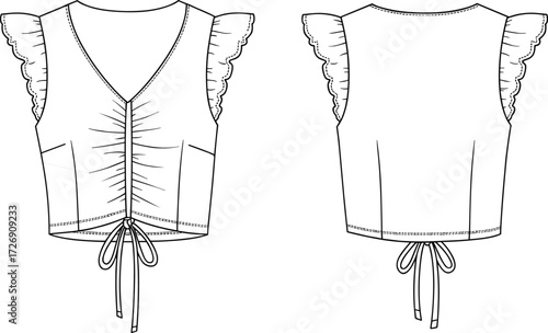 Feminine Ruched Crop Top Technical Fashion Sketch Ruffle Trim V-Neck Sleeveless Blouse Vector CAD Flat Front Back View Template