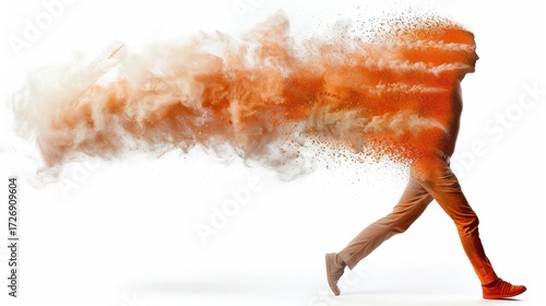 Person walking with an explosion of orange powder illustrating movement and freedom in a surreal artistic style