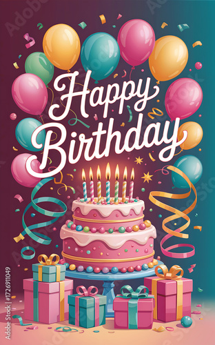 Happy Birthday greeting card. Ready made design illustration. 