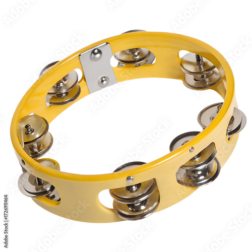 Yellow tambourine musical instrument with metal jingles, isolated on transparent background, perfect for music education