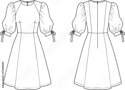 Women's stylish short A-line dress technical flat sketch vector illustration drawing design pattern with round neck, gathered puff sleeves, waist seams, and 