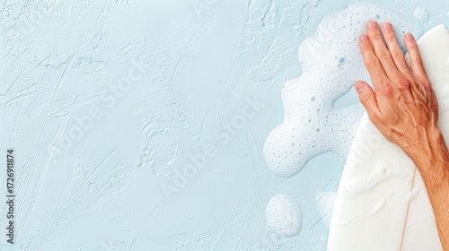 Close-Up of a Hand Washing a Surfboard with Soap on a Light Blue Background, Emphasizing Water and Cleanliness
