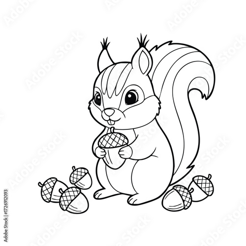 A cheerful squirrel holding an acorn surrounded by scattered acorns, showcasing its playful nature and charm.