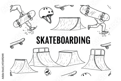 Skateboarding action in urban environment graphic of tricks and ramps creative viewpoint on sports culture. Vector illustration