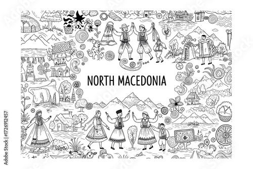 Cultural dance celebration north macedonia illustrative traditional attire aerial view folk heritage. Vector illustration