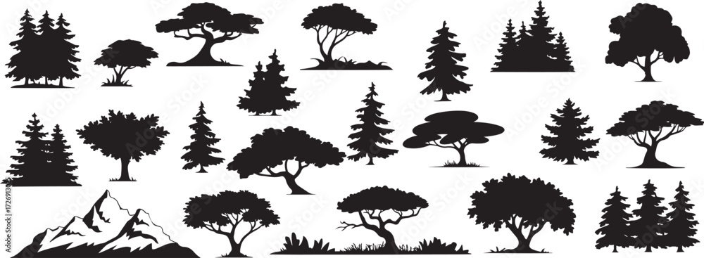 Naklejka premium Tree icon, Nature tree vector, Forest silhouette graphic, Woodland tree clipart, Park tree design, Natural tree drawing, Green tree outline, Tall tree artwork, Plant tree symbol, Landscape tree logo