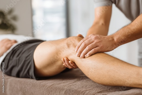 Close-up of a physiotherapist giving a knee massage to a patient, providing therapeutic relief and rehabilitation with gentle, healing touch to aid recovery from injury.