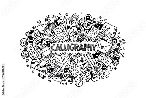 Intricate calligraphy showcase creative digital artistic environment top-down view design inspiration. Vector illustration