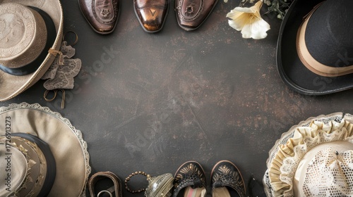Vintage footwear and hats arranged on rustic background for stylish fashion exploration, showcasing classic styles and elegant accessories.