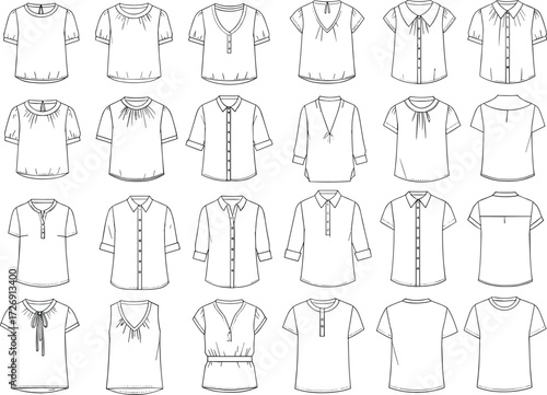 Large Collection of Women's Tops and Blouses Technical Flat Vector CAD Drawing Set: Apparel Design Templates with Necklines, Collars, and Sleeve Options Fashion