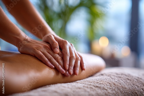 Wallpaper Mural A close-up of hands massaging a leg during a spa treatment, promoting relaxation and wellness, with a focus on skincare and luxurious pampering. Torontodigital.ca