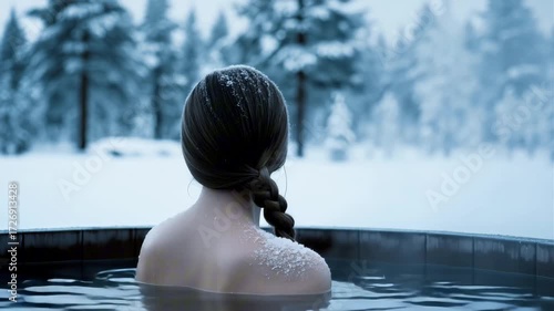 A woman with long braided hair relaxes in a hot tub surrounded by a snowy landscape, exuding tranquility and warmth on a cold winter day