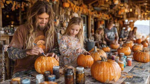 A man with long hair and a girl are carefully painting pumpkins at a rustic outdoor table among friends, surrounded by autumn decorations and a warm, festive atmosphere