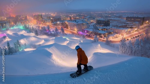 A snowboarder in an orange jacket gracefully rides down a snowy hill at dusk, overlooking a vibrant cityscape adorned with colorful lights and snow-covered terrain