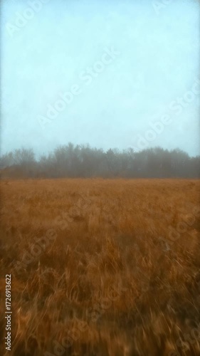 A vast golden field stretches under a soft blue sky, with muted trees lining the horizon, creating a serene and tranquil atmosphere