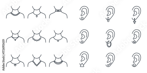 Collection of Jewelry Icons on Light Background Featuring Necklaces, Pendants, Earrings, and Ear Piercings in Outline Style