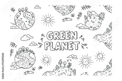 Nature of green planet with scenic landscapes sunny skies and eco-friendly concepts. Vector illustration