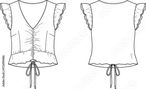 Bohemian Tiered Tunic Top Technical Fashion Sketch Lace-Up Neckline Ruffle Hem Vector CAD Flat Front Back View Template Apparel