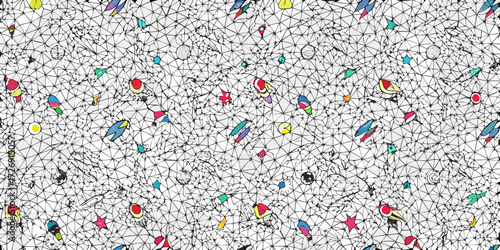 Whimsical space rocket and star pattern on a geometric network background