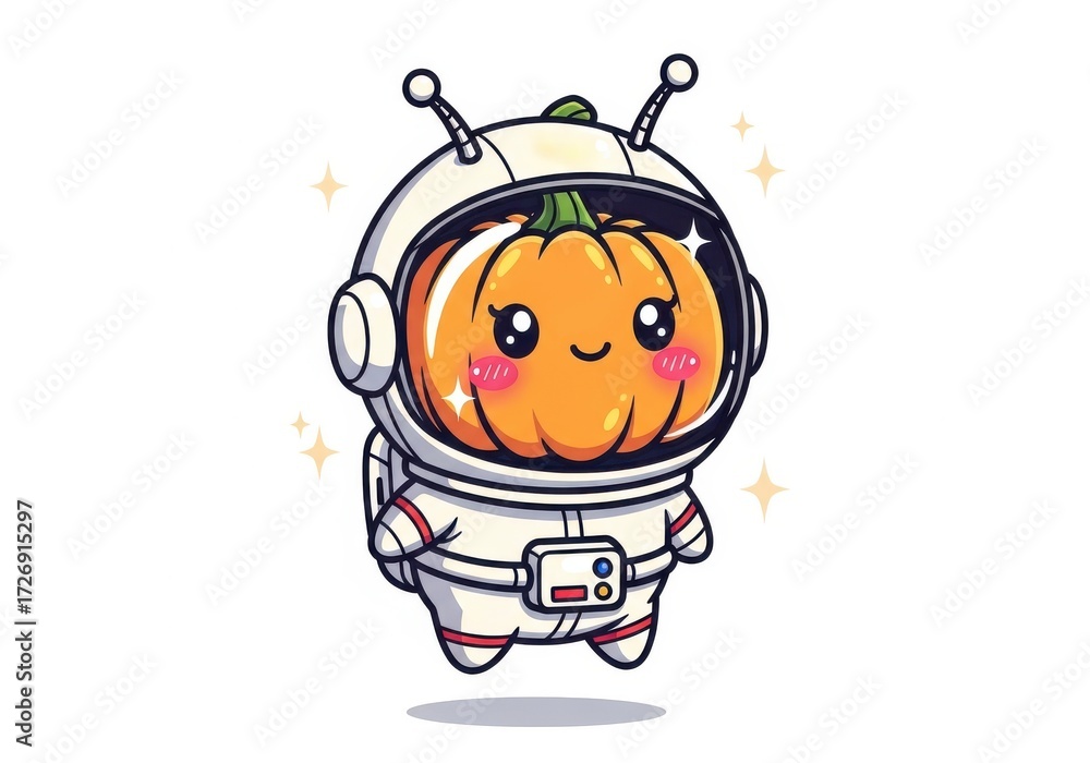 Fototapeta premium Cute cartoon pumpkin astronaut with kawaii face and sparkling stars space