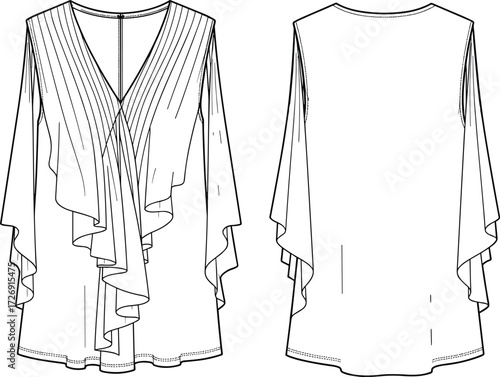 Elegant Pleated V-Neck Blouse Technical Fashion Sketch Flutter Sleeve Top Draped Ruffles Vector CAD Flat Front Back View Template Apparel