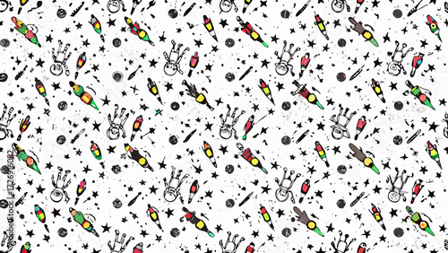 Whimsical hand drawn space rockets and astronauts seamless pattern on textured white background
